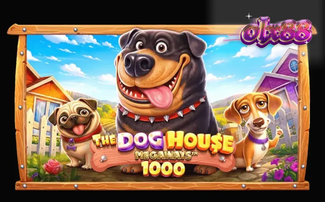 Tampilan visual slot The Dog House Megaways 1000 dengan latar pedesaan